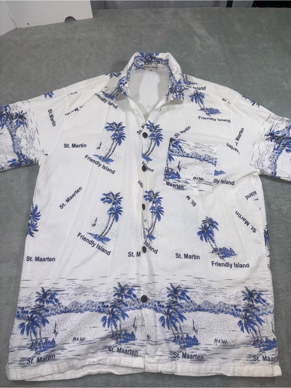 Vintage 90s St. Maarten Natural Cotton Vacation Shirt Blue White Palm Trees XL